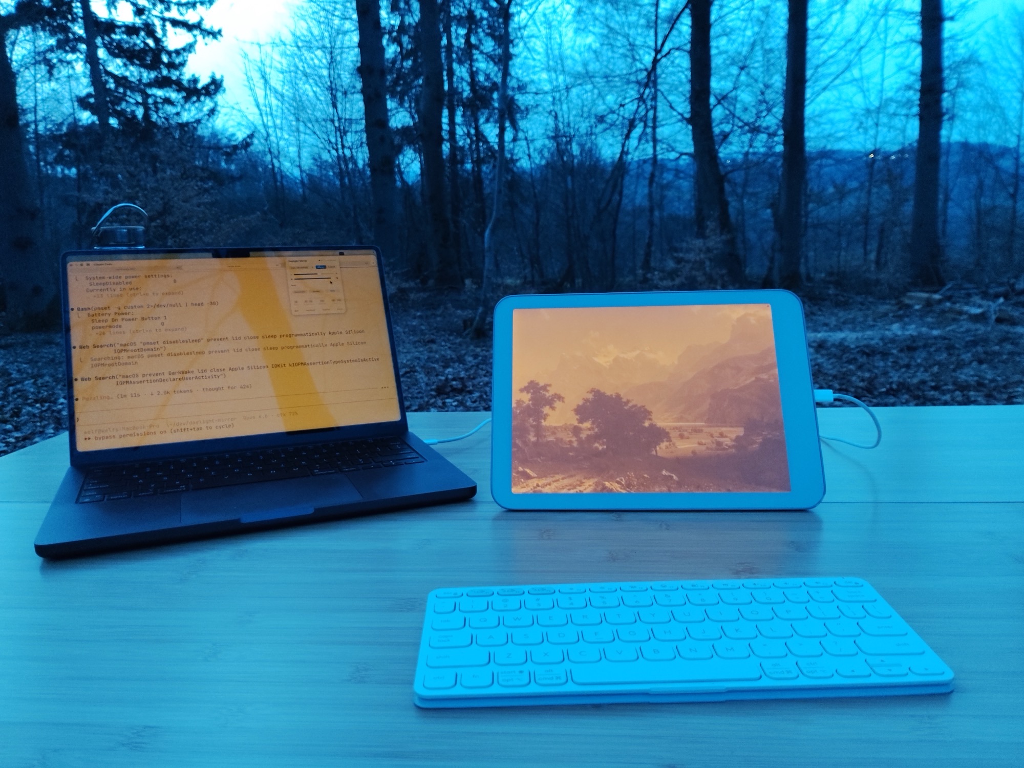 MacBook and DC-1 side by side at dusk