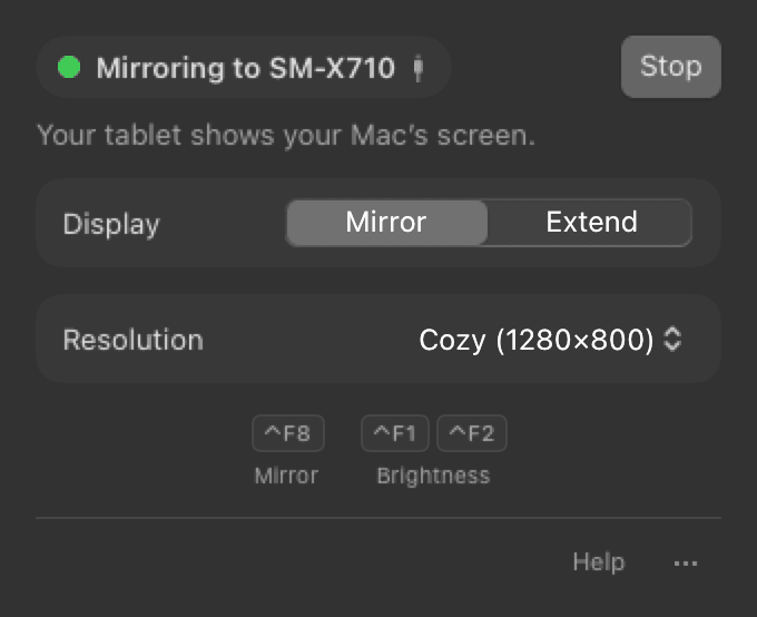 The SuperMirror menu. It says Mirroring to SM-X710, with Mirror and Extend, the Resolution setting Cozy 1280×800, a Stop button and the Control F8 shortcut.
