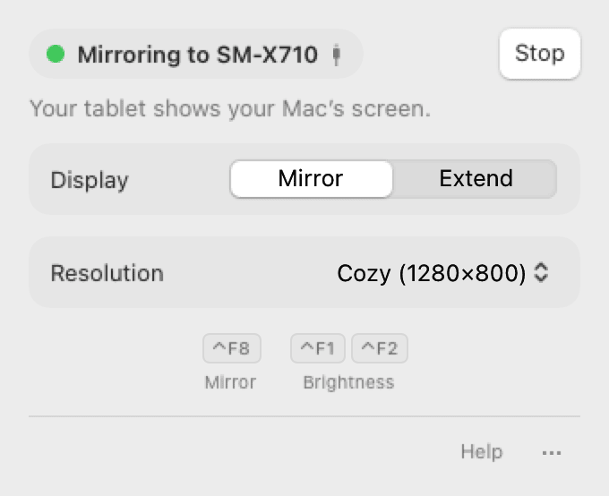 The SuperMirror menu. It says Mirroring to SM-X710, with Mirror and Extend, the Resolution setting Cozy 1280×800, a Stop button and the Control F8 shortcut.